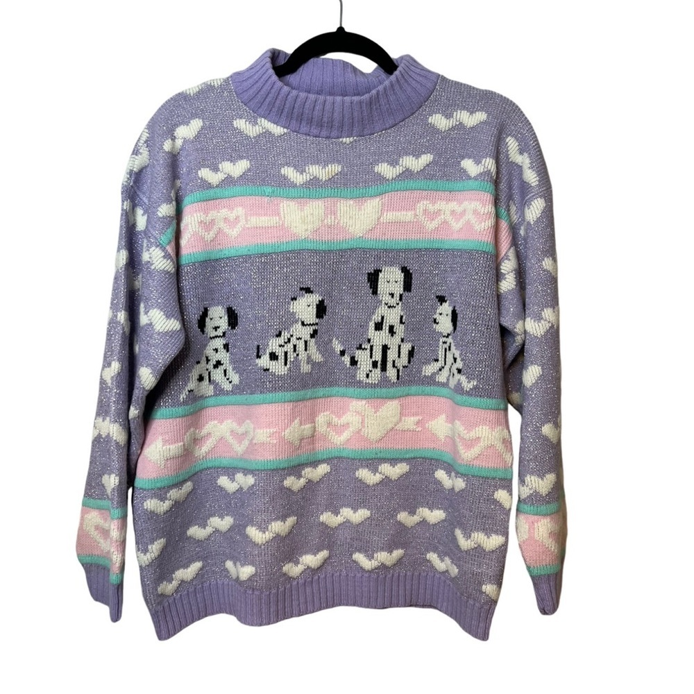 VTG 80's Purple Sparkle Dalmation Heart Sweater Size M